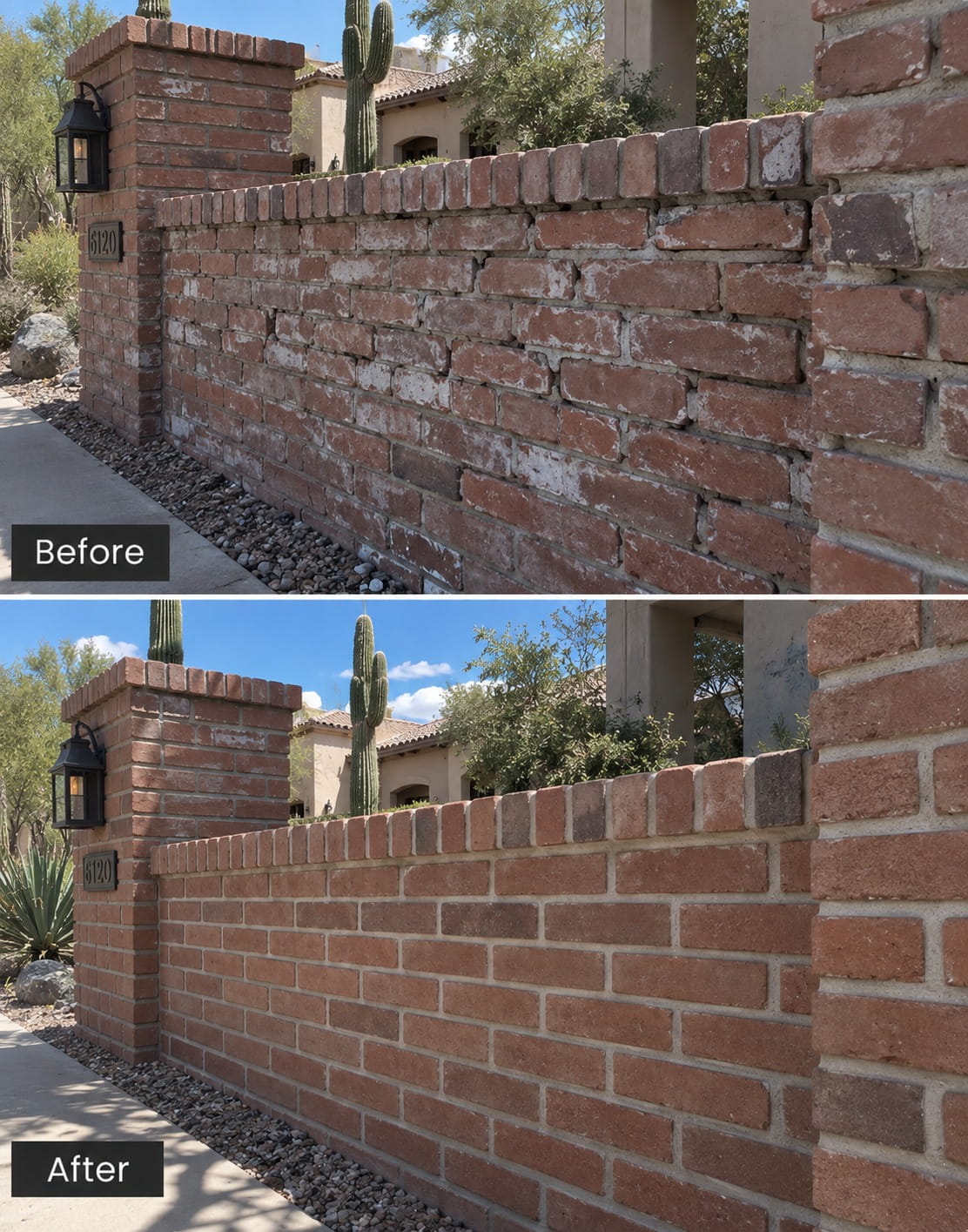 Mason repointing mortar joints on a Tucson brick wall