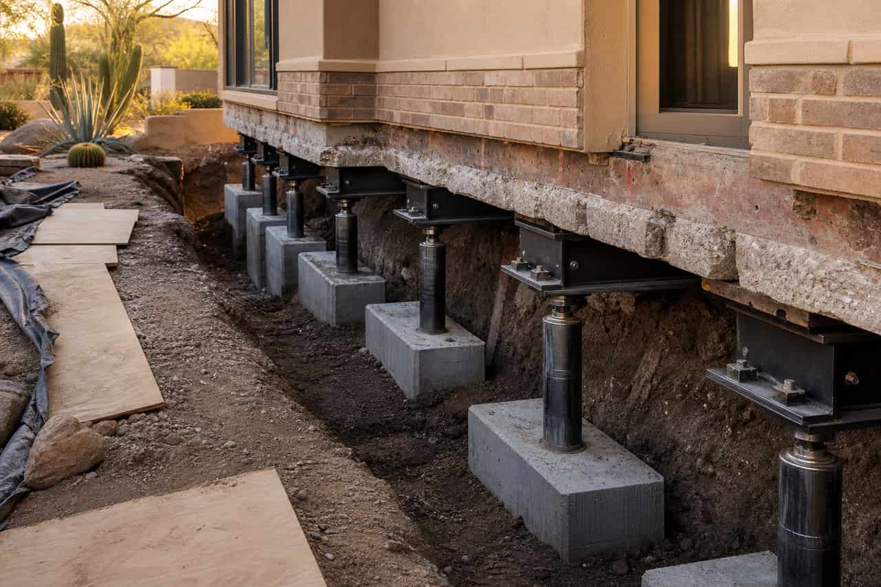 Foundation underpinning supports beneath a Tucson masonry home