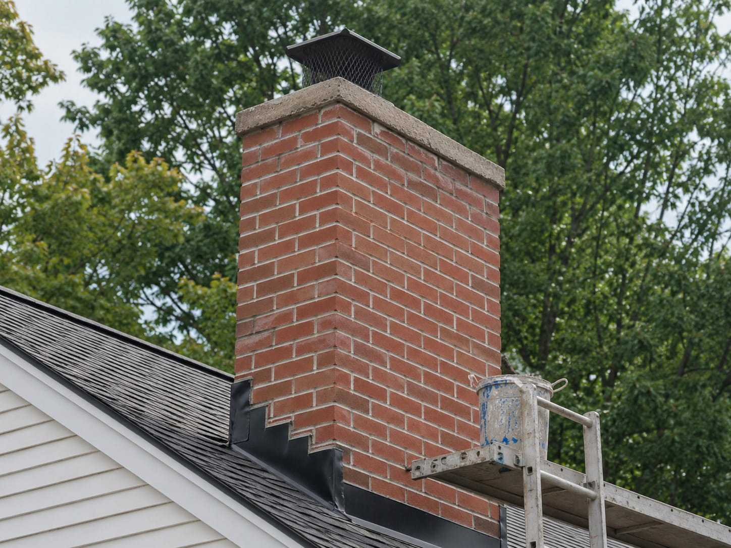 Freshly repointed brick chimney with new cap on a Tucson roof