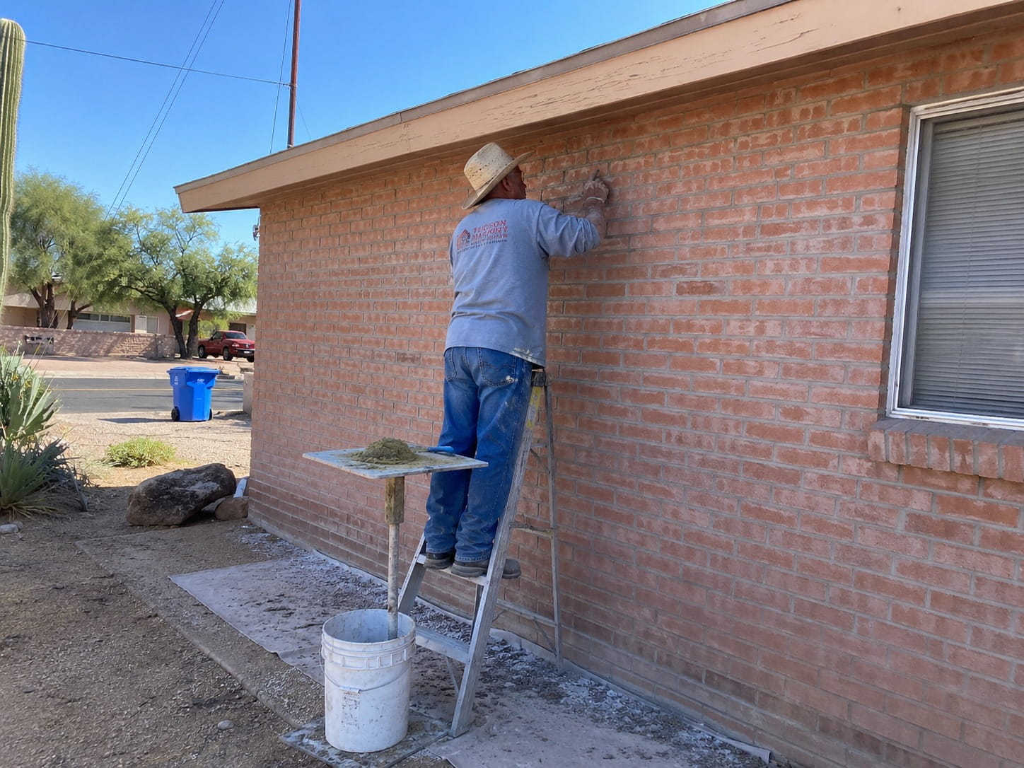 Mason repointing brick on a Tucson home exterior